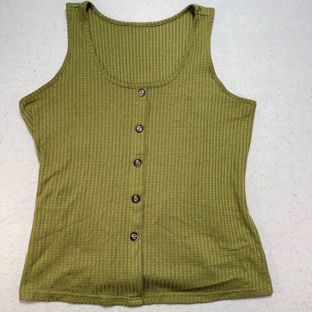 SHEIN Curve Women's 2XL Olive Green Waffle Knit Button Front‎ Tank Top